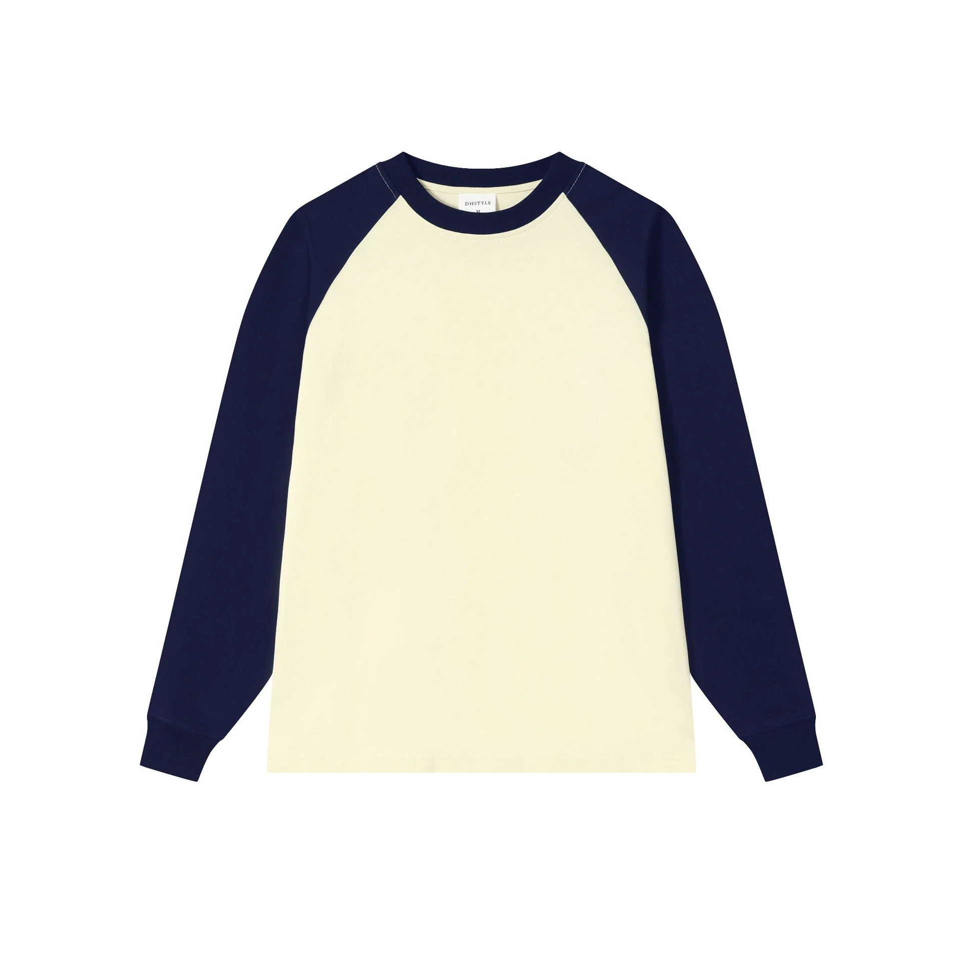 Heavy Cotton Thread Sleeve Color Matching Raglan Round Neck Bottoming Shirt For Women - Beige Apricot Navy Blue