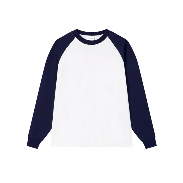 Heavy Cotton Thread Sleeve Color Matching Raglan Round Neck Bottoming Shirt For Women Coconut White Navy Blue - Shop at LoveMi