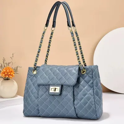 Women's Solid Color Simple Embroidery Thread Rhombus Large Capacity Chain Shoulder Messenger Bag Blue - Shop at LoveMi