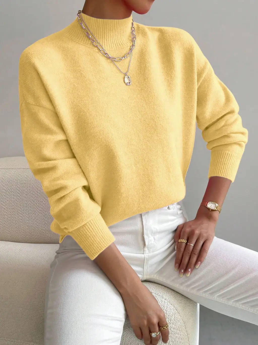Women's Fashion Solid Colour Loose Knitted Top - Gold