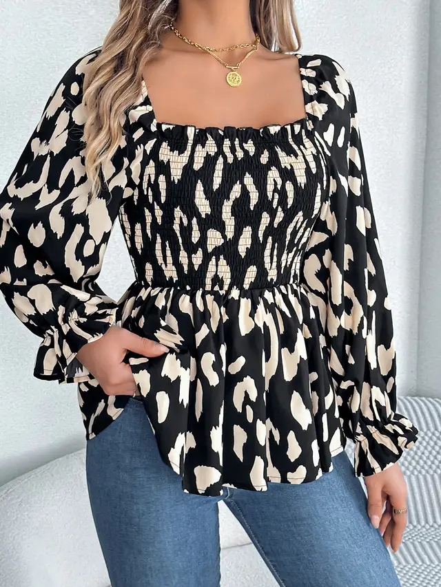 Casual Wooden Ear Square Collar Leopard Print Long Sleeve Chiffon Shirt Black - Shop at LoveMi