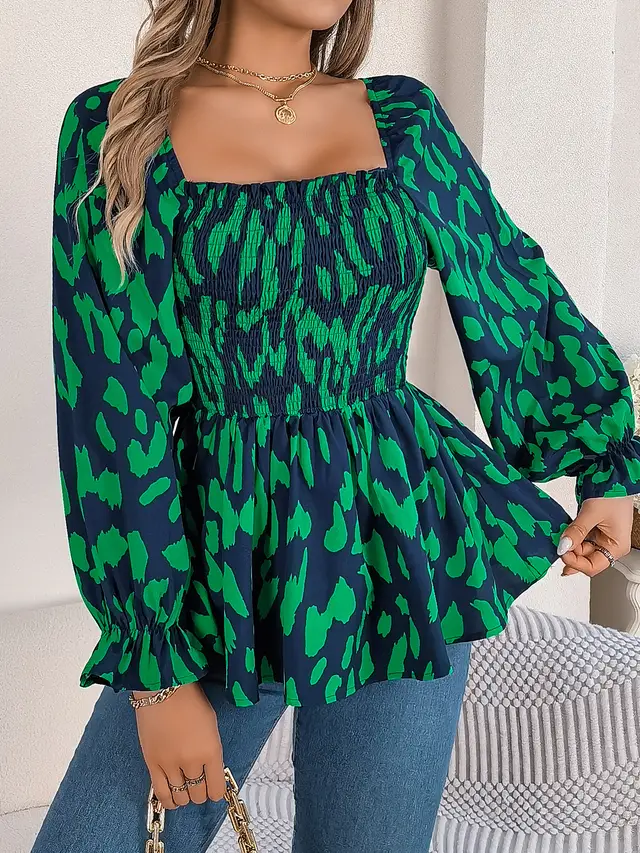 Casual Wooden Ear Square Collar Leopard Print Long Sleeve Chiffon Shirt Green - Shop at LoveMi