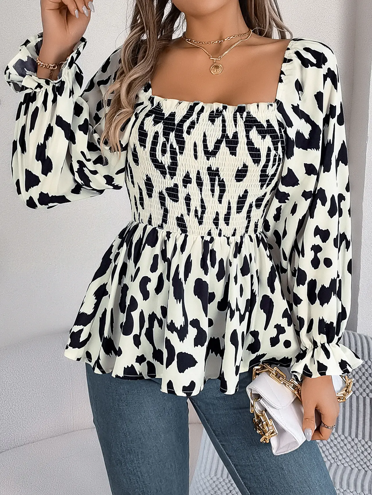 Casual Wooden Ear Square Collar Leopard Print Long Sleeve Chiffon Shirt - White