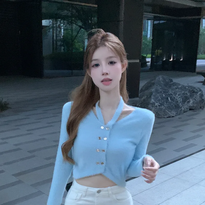 Knitted Cardigan Sweater Outer Tops Women Blue - Shop at LoveMi
