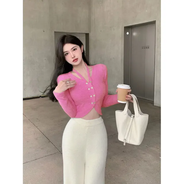 Knitted Cardigan Sweater Outer Tops Women Pink - Shop at LoveMi