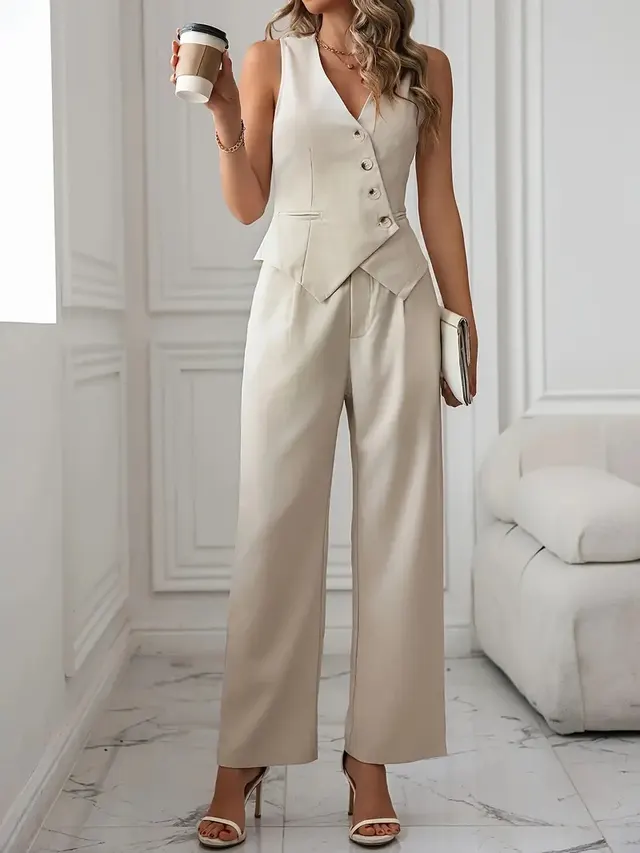 Women's Fashion Casual Vest Suit Pants Suit Milky White - Shop at LoveMi