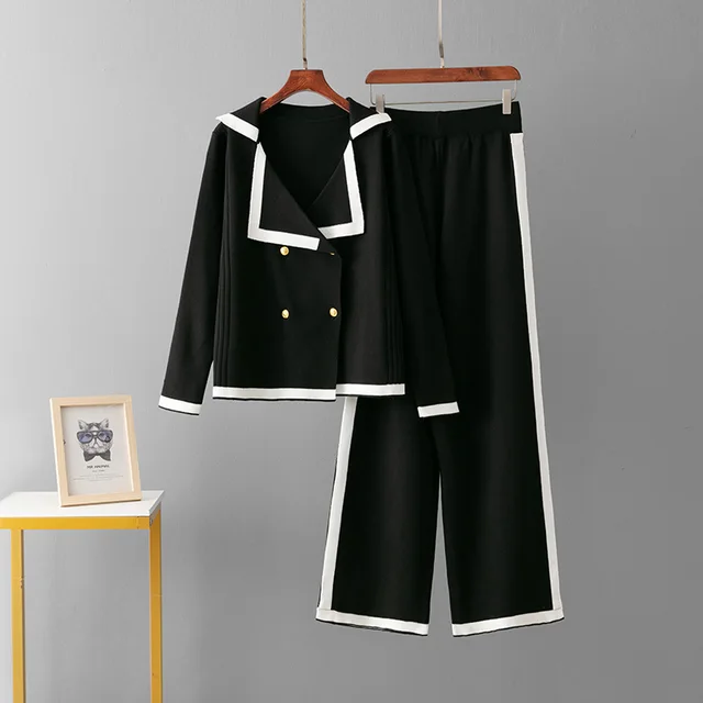 Embossed Fashion Suit Round Neck Fashion Sweater Loose Knitted Sweatpants Black - Shop at LoveMi