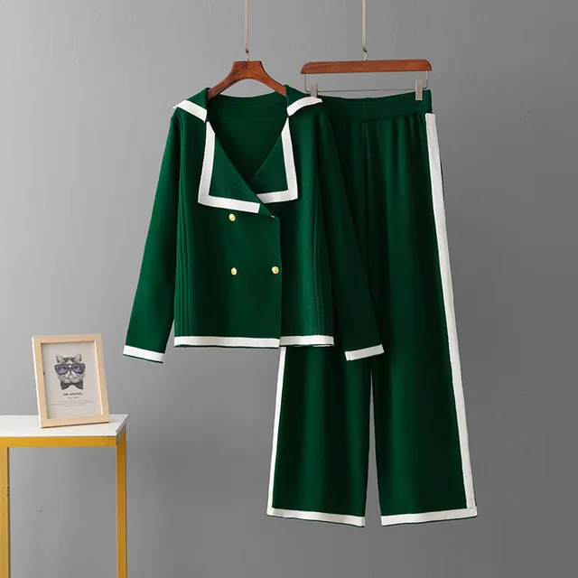 Embossed Fashion Suit Round Neck Fashion Sweater Loose Knitted Sweatpants Dark Green - Shop at LoveMi