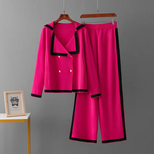 Embossed Fashion Suit Round Neck Fashion Sweater Loose Knitted Sweatpants Rose Red - Shop at LoveMi