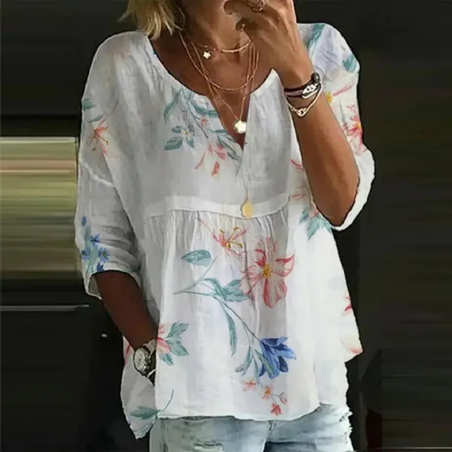 New Loose Casual Cotton Linen V neck 34 Sleeves Women's T shirt White - Shop at LoveMi