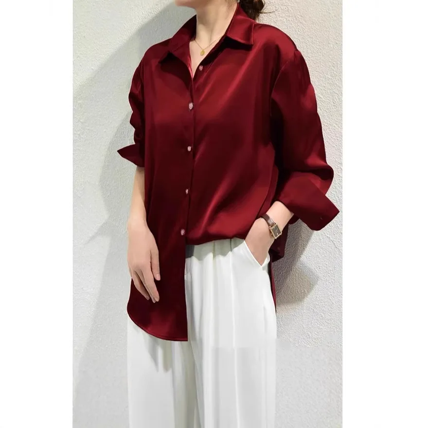 Simple Temperament Long Sleeve Shirt Wine - Shop at LoveMi