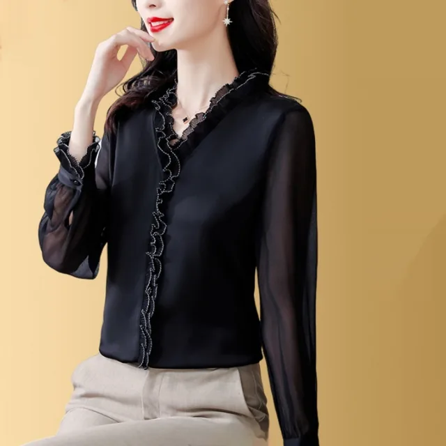 New Solid Color Chiffon Long sleeved Shirt For Women Black - Shop at LoveMi
