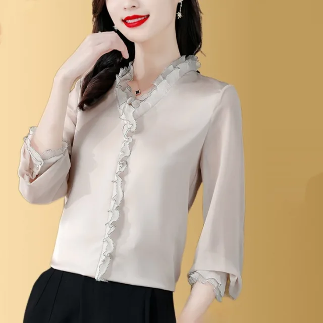New Solid Color Chiffon Long sleeved Shirt For Women Champagne - Shop at LoveMi