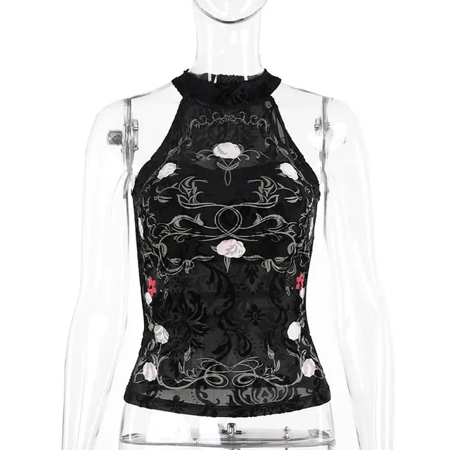 Women's Printed Flocking Lace Halter Top Black - Shop at LoveMi