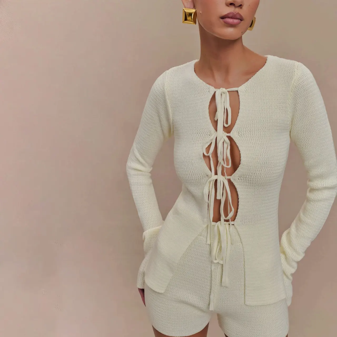 Long Sleeve Slim-fitting Simple Style Cardigan Sweater Suit - M2581 White