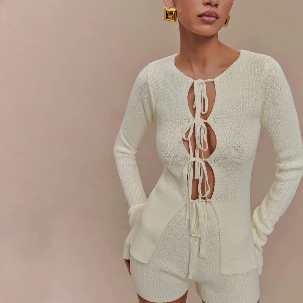 Long Sleeve Slim-fitting Simple Style Cardigan Sweater Suit - M2581 White