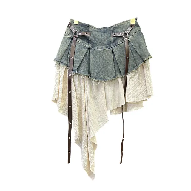 Retro Patchwork Denim Pleated Skirt Retro Blue - Shop at LoveMi