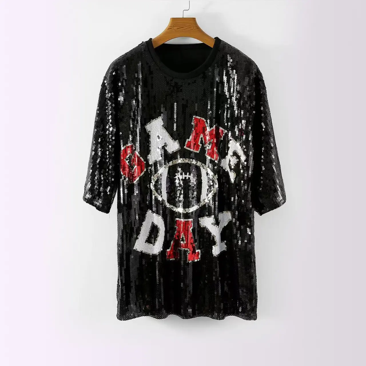 Women's Pearl Embroidery Mid-length Loose Top - Black Rugby