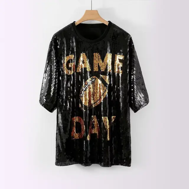 Women's Pearl Embroidery Mid length Loose Top Golden Rugby - Shop at LoveMi