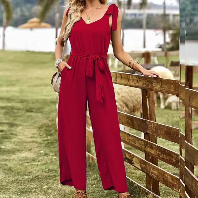 Ladies New Elegant Solid Color Jumpsuit Wine Red - Shop at LoveMi