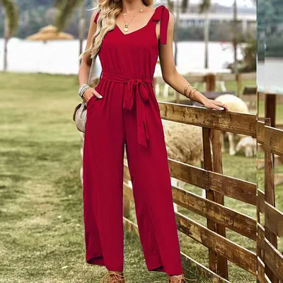 Ladies New Elegant Solid Color Jumpsuit Wine - Shop at LoveMi