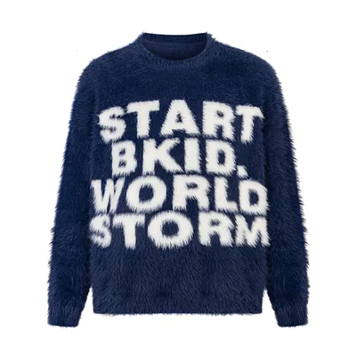American Round Neck Mink Letter Sweater Fall Winter Couples Trendy Brand Niche Navy Blue - Shop at LoveMi