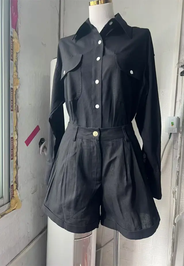Loose Long Sleeve Shirt Cotton Linen High Waist Wide Leg Shorts Suit Black - Shop at LoveMi