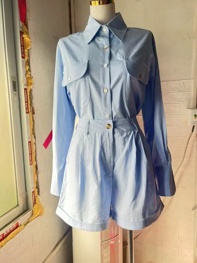 Loose Long Sleeve Shirt Cotton Linen High Waist Wide Leg Shorts Suit Blue - Shop at LoveMi