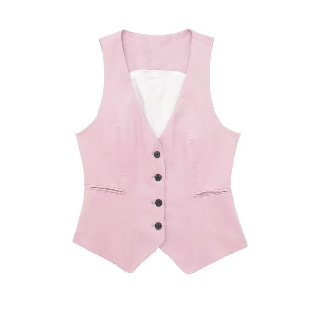 Linen Double Breasted Suit Coat Vest Straight leg Pants Suit Pink Vest - Shop at LoveMi