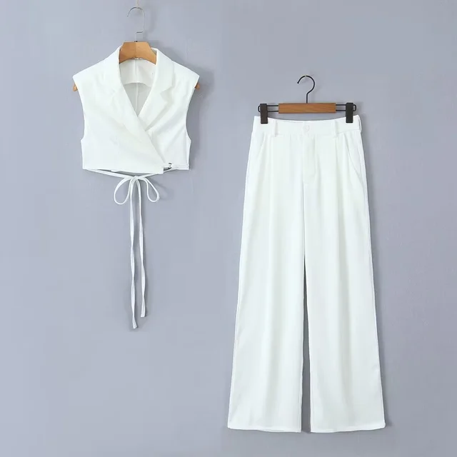 Women's V neck Vest Short High Waist Straight leg Pants Suit White - Shop at LoveMi