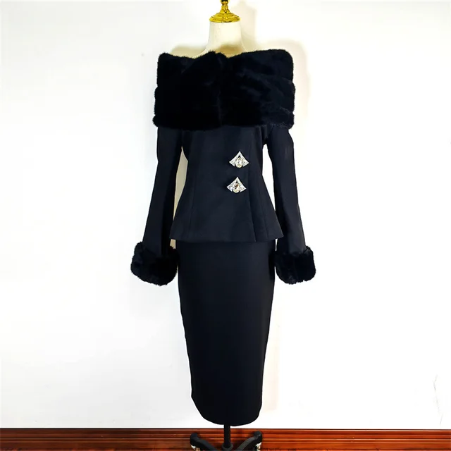 Princess Style Artificial Fur Suit Dress For Women Black - Shop at LoveMi