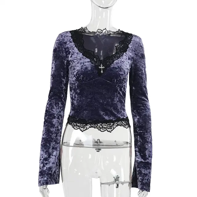 Slim Fit Velvet Long Sleeves Top For Women Purple - Shop at LoveMi
