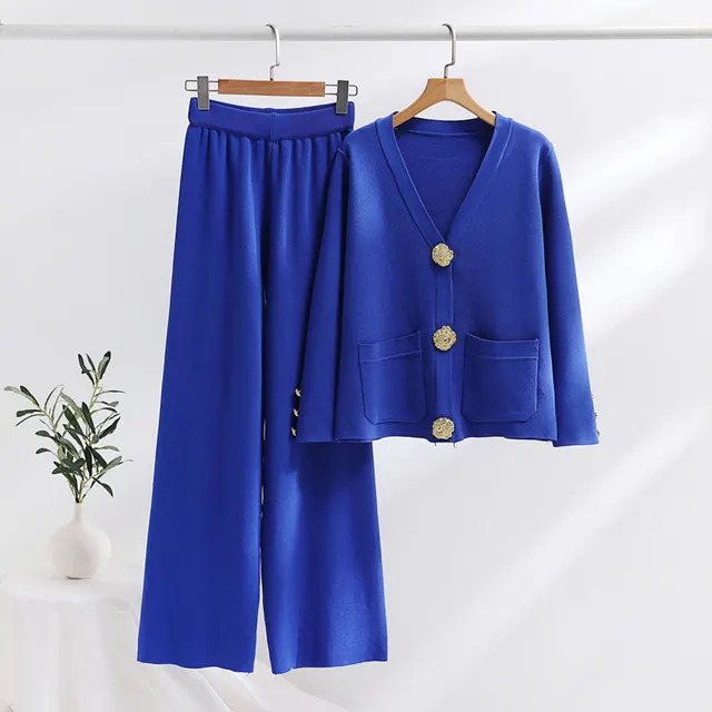 Contrast Color Daikin Button Sweater Women's Wide Leg Pants Knitted Two piece Blue - Shop at LoveMi