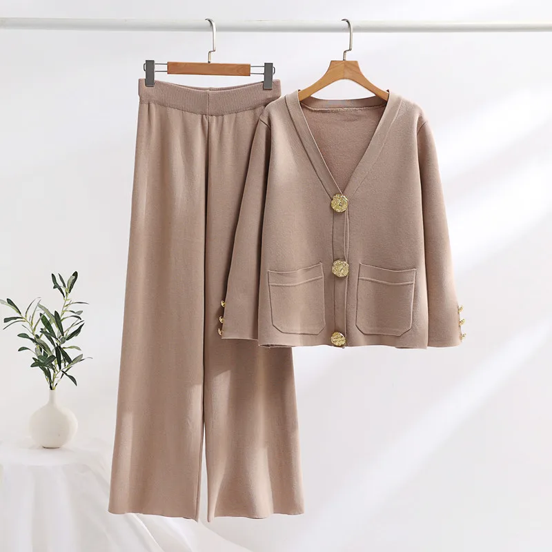 Contrast Color Daikin Button Sweater Women's Wide Leg Pants Knitted Two-piece - Khaki - View 1