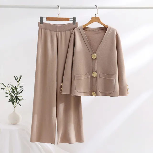 Contrast Color Daikin Button Sweater Women's Wide Leg Pants Knitted Two piece Khaki - Shop at LoveMi