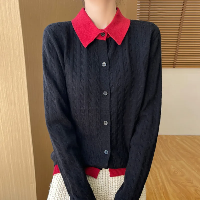 Women's Contrast Colour Fashion Slim-fit Cashmere Lapel Sweater - Black And Red Collar - View 1