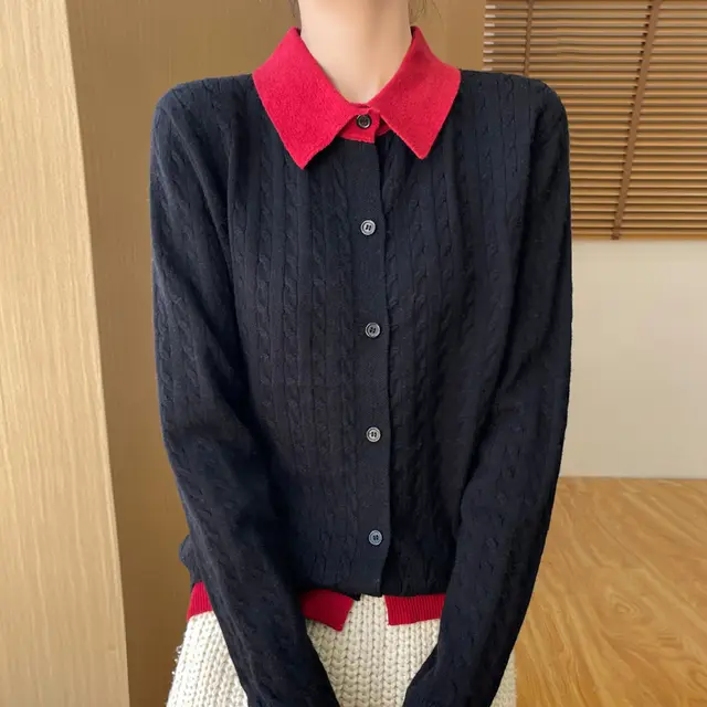 Women's Contrast Color Fashion Slim fit Cashmere Lapel Sweater Black And Red Collar - Shop at LoveMi