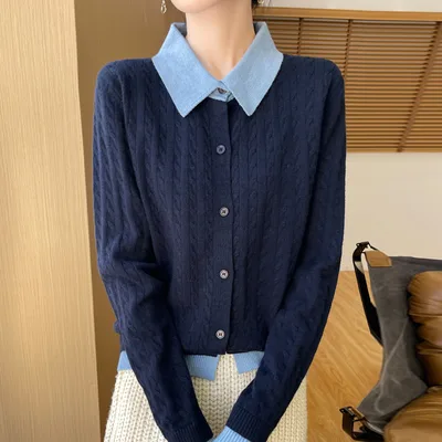 Women's Contrast Color Fashion Slim fit Cashmere Lapel Sweater Navy Blue - Shop at LoveMi