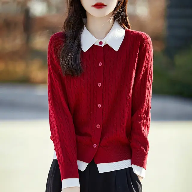 Women's Contrast Color Fashion Slim fit Cashmere Lapel Sweater Wine Red - Shop at LoveMi