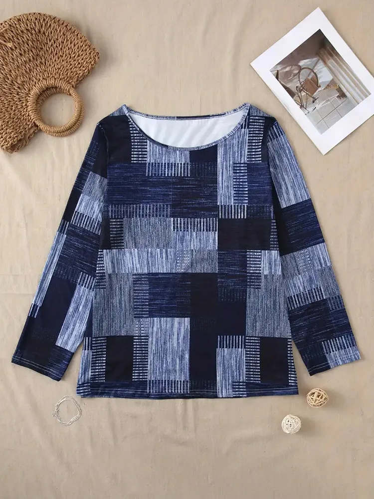 Casual Versatile Geometric Round Neck Long Sleeve Top - Black Grey - View 1