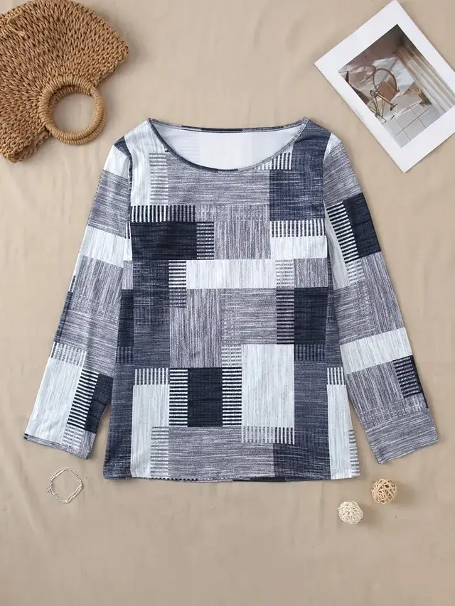 Casual Versatile Geometric Round Neck Long Sleeve Top Black - Shop at LoveMi