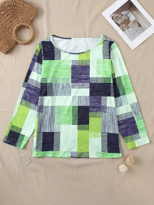 Casual Versatile Geometric Round Neck Long Sleeve Top Green - Shop at LoveMi