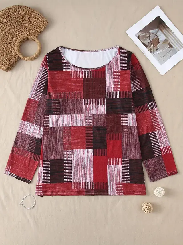 Casual Versatile Geometric Round Neck Long Sleeve Top Red - Shop at LoveMi