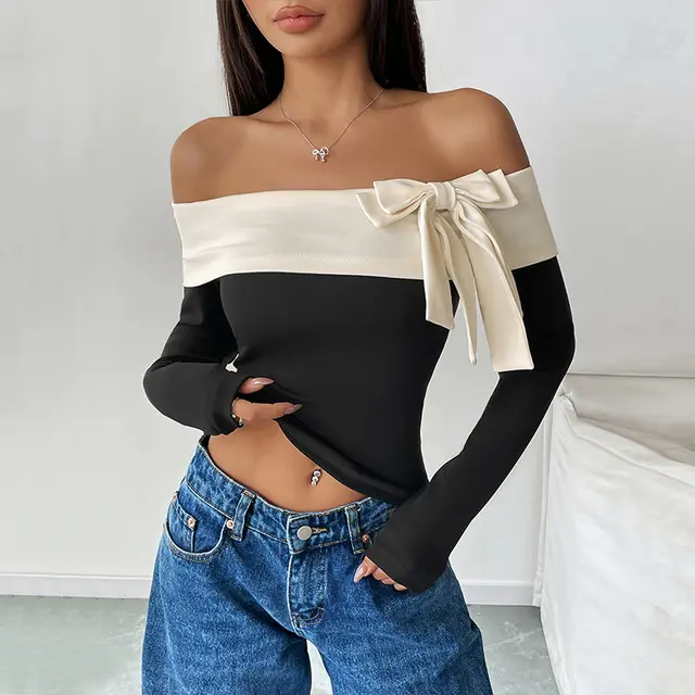 Women's Fashion Off neck Bow T shirt Black - Shop at LoveMi