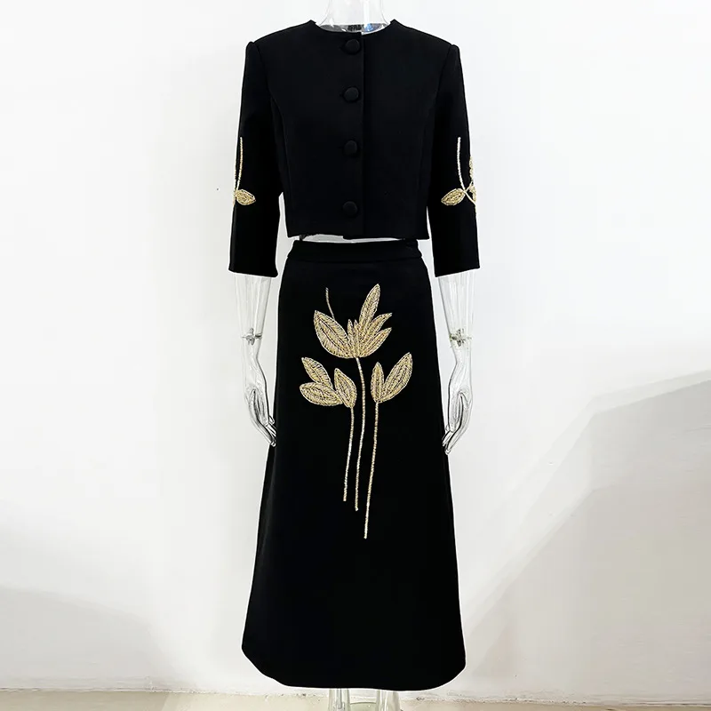 Lady Temperament Flowers Mid length Skirt Suit Black - Shop at LoveMi