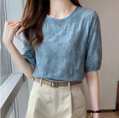 Embroidered Hollow Women's Chiffon Shirt Blue - Shop at LoveMi