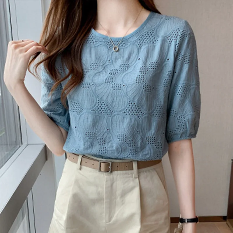 Embroidered Hollow Women's Chiffon Shirt Blue - Shop at LoveMi