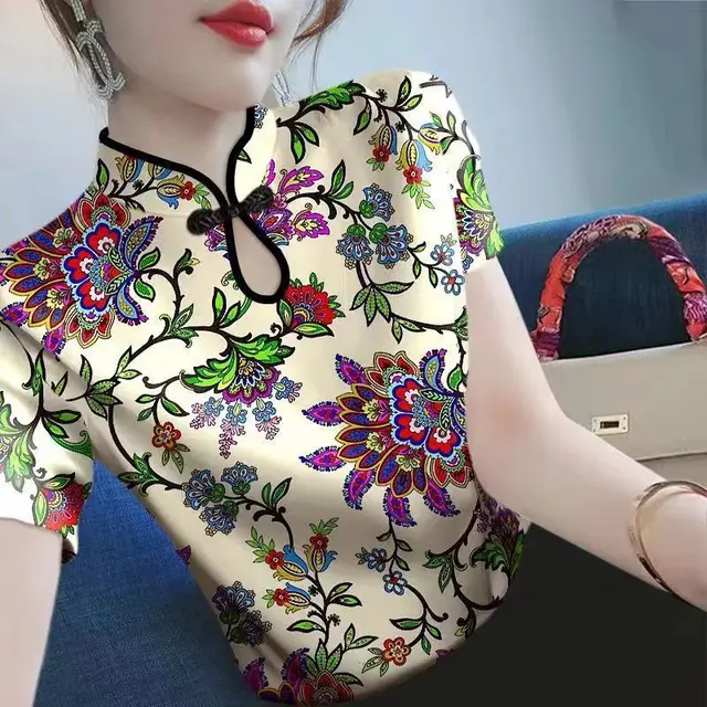 Retro Cheongsam Shirt Women's Summer Apricot 604 - Shop at LoveMi