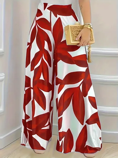 Printed High Waist Fashion Comfortable Wide leg Pants Red - Shop at LoveMi