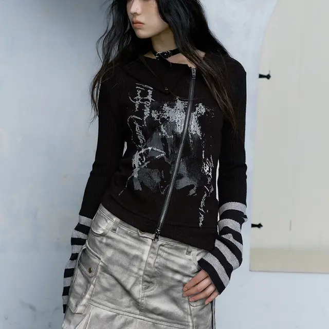 Graffiti Printing Zipper T shirt Retro Gothic Irregular Top Black - Shop at LoveMi